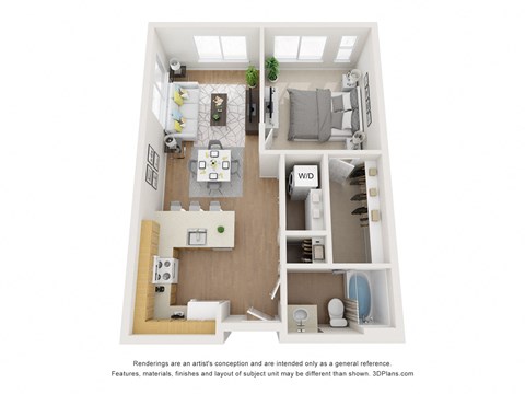 Floor plan for 1 bed, 1 bath, 630 sqft
